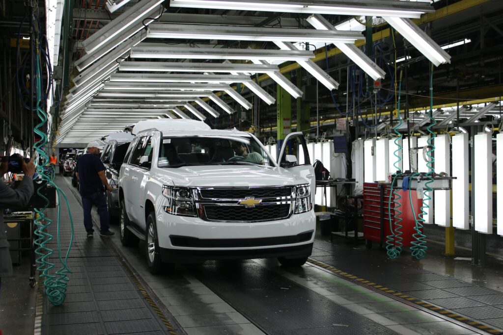 2023 chevy suburban in a factory assembly line